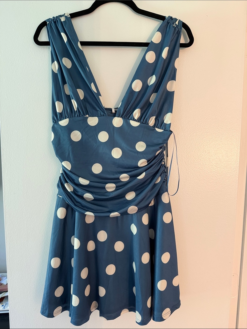 Blue Polka Dot V-Neck Women's Dress